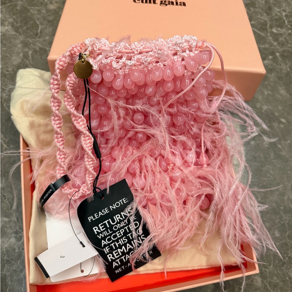 Cult Gaia Pink Raffia Mini Bag with Gold Logo Charm